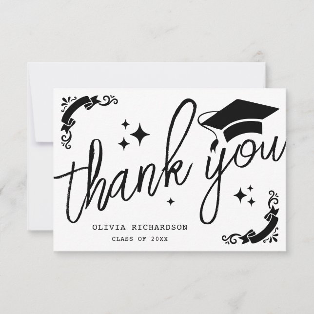 Personalized Graduation Elegant Script Stars & Cap Thank You Card (Front)