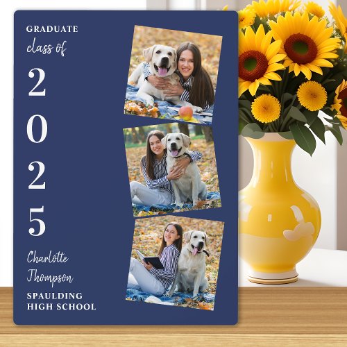 Personalized Graduation Keepsake Navy Blue 3 Photo Plaque