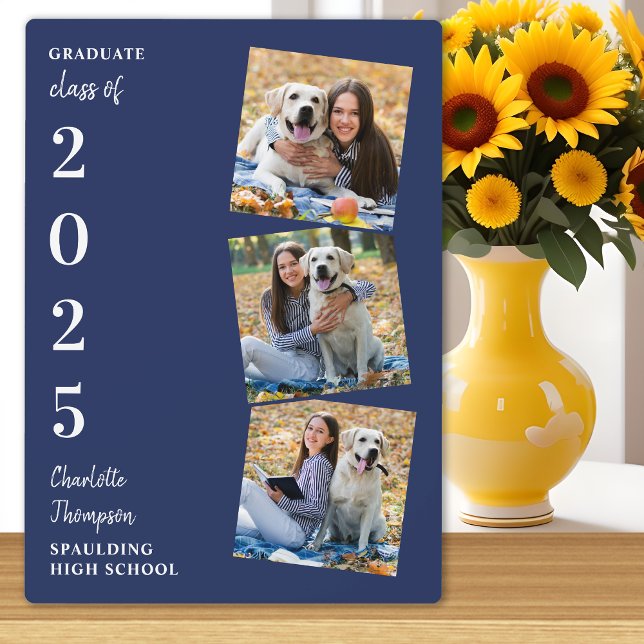 Personalized Graduation Keepsake Navy Blue 3 Photo Plaque (Creator Uploaded)