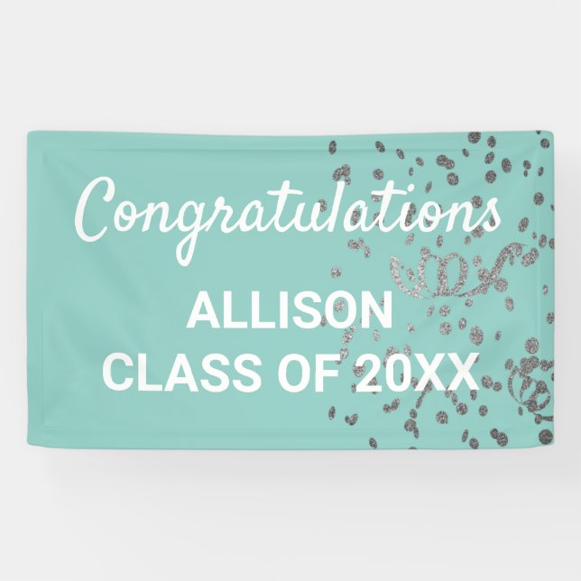 Personalized Graduation Modern Teal Silver Glitter Banner (Horizontal)