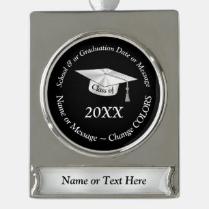 Personalized Graduation Ornaments. Black, White Silver Plated Banner Ornament