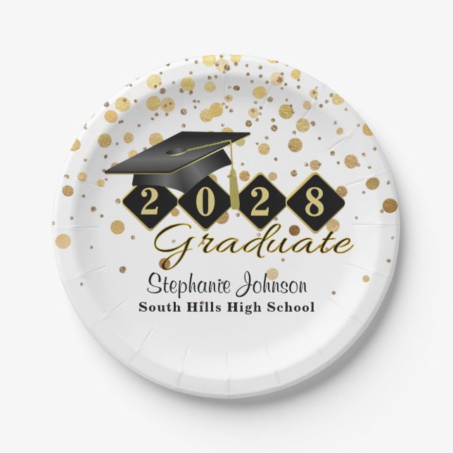 Personalized Graduation Party Black & Gold 20XX Paper Plates (Front)