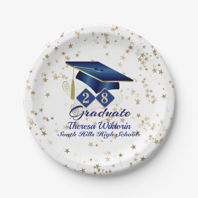 Personalized Graduation Party Blue & Gold 20XX Paper Plates (Front)