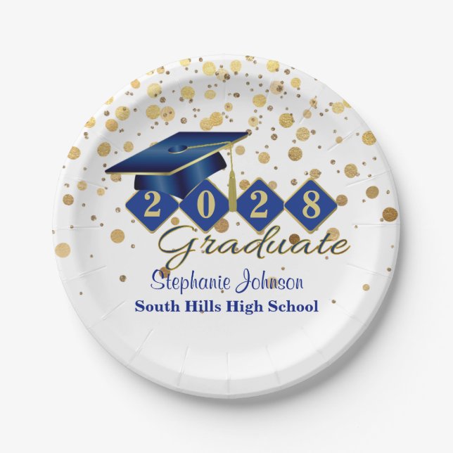 Personalized Graduation Party Blue & Gold 20XX Paper Plates (Front)