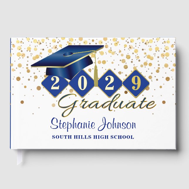 Personalized Graduation Party Blue & Gold Foil Guest Book (Front)