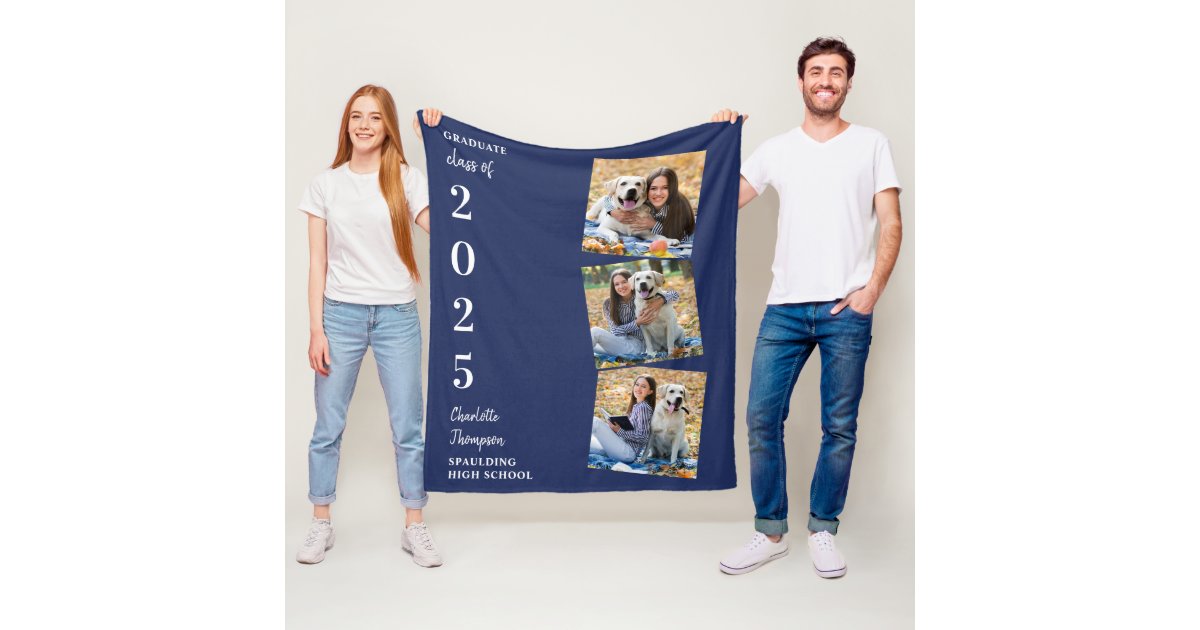 Personalized Graduation Photo Collage Navy Blue Fleece Blanket