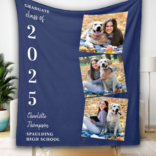 Personalized Graduation Photo Collage Navy Blue  Fleece Blanket