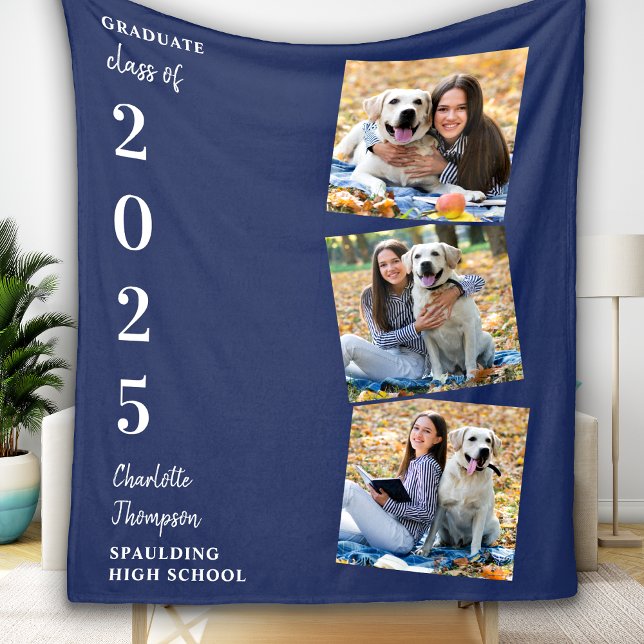 Personalized Graduation Photo Collage Navy Blue  Fleece Blanket (Creator Uploaded)