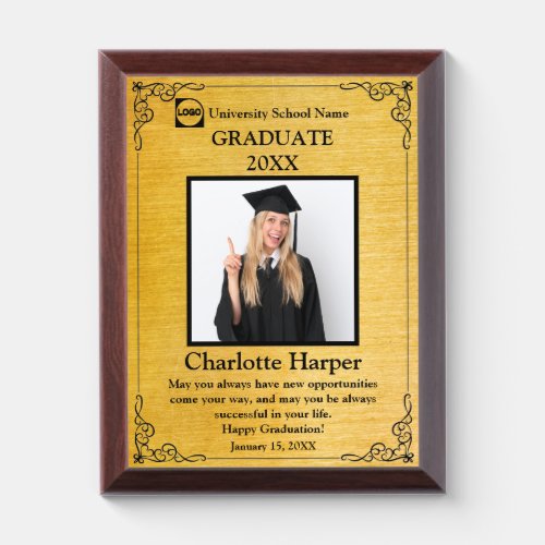 Personalized Graduation Photo  gold  black Award Plaque