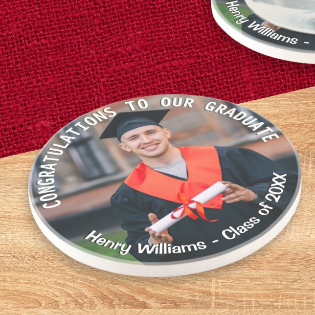 Personalized Graduation Photo Keepsake Coaster (A coaster for graduation day with custom photo, name, 'class of' year and congratulations message)