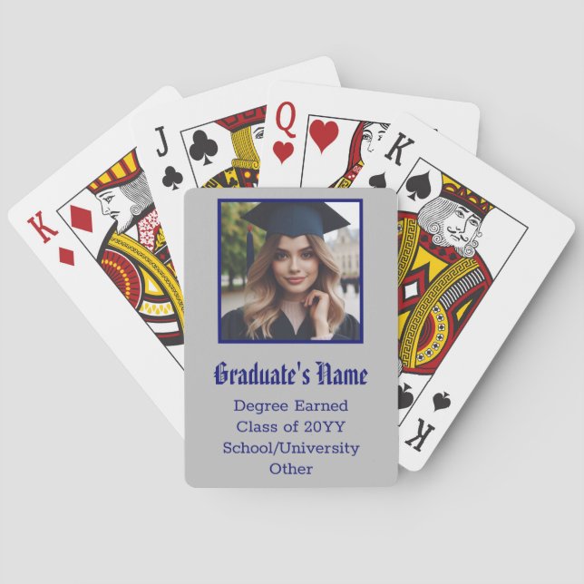 Personalized Graduation Photo Name Class Navy Blue Poker Cards (Back)