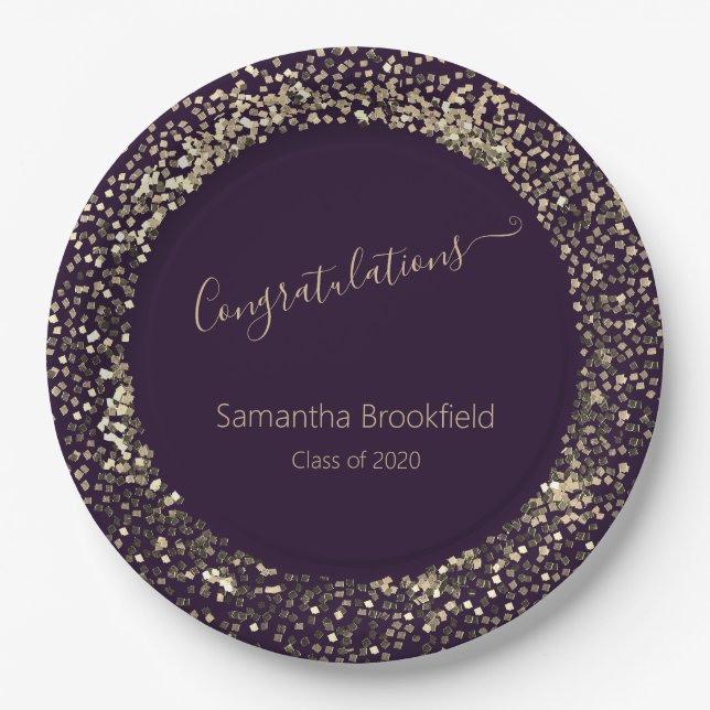 Personalized Graduation Purple  Gold Glitter Paper Plates (Front)