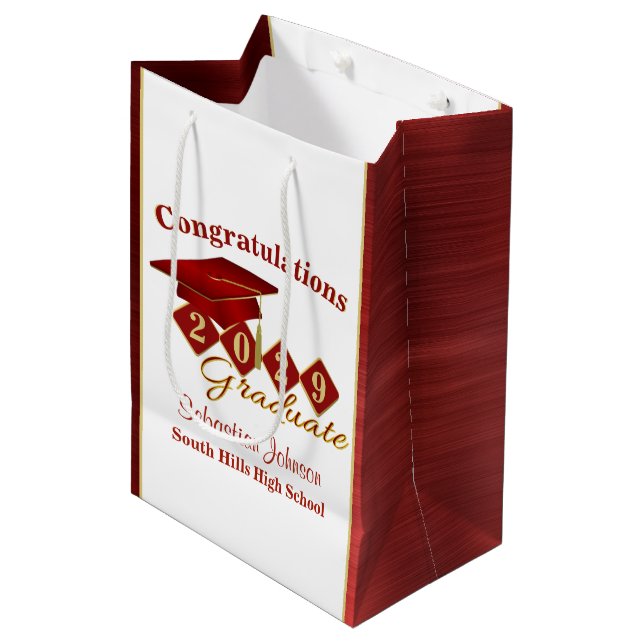 Personalized Graduation Red and Gold Medium Gift Bag (Front Angled)