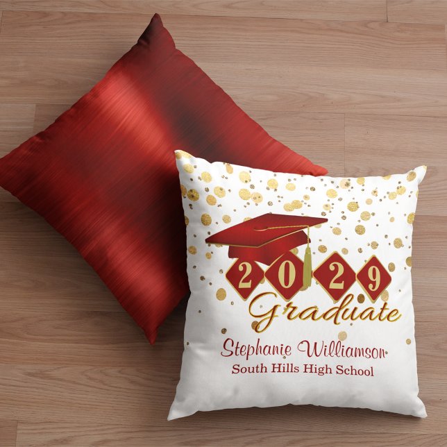 Personalized Graduation Red & Gold Confetti Throw Pillow (Personalized Graduation Red & Gold Confetti Throw Pillow Front and Back)