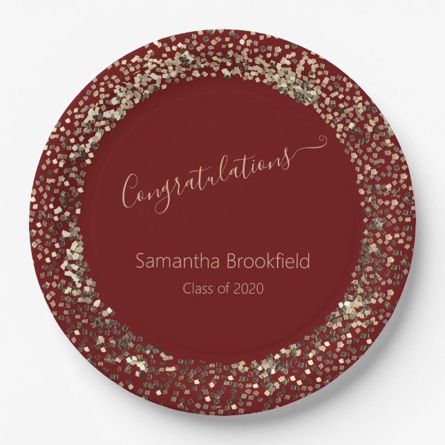 Personalized Graduation Red Gold Glitter Paper Plates (Front)