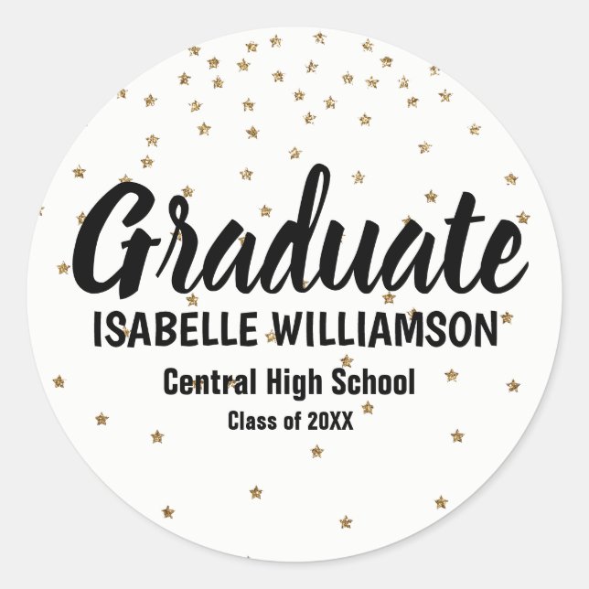 Personalized Graduation Sticker,  Tiny Gold Stars Classic Round Sticker (Front)