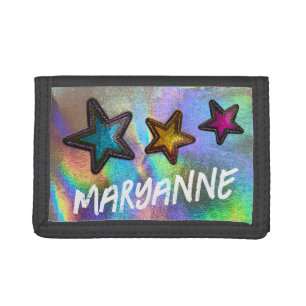 Personalized Graffiti Name Holographic Sequin Star Tri-fold Wallet