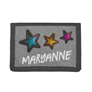 Personalized Graffiti Name Silver Glitter Stars Tri-fold Wallet