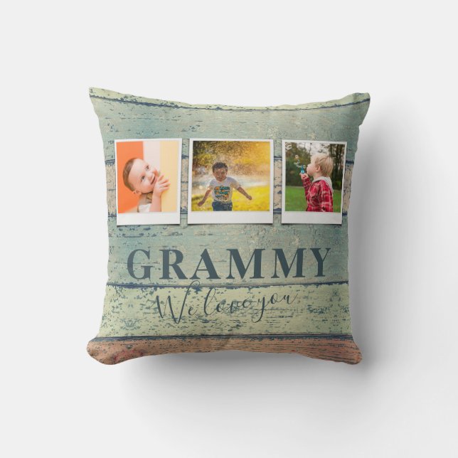 Personalized Grammy Grandchildren 3 Photo Collage Throw Pillow (Front)
