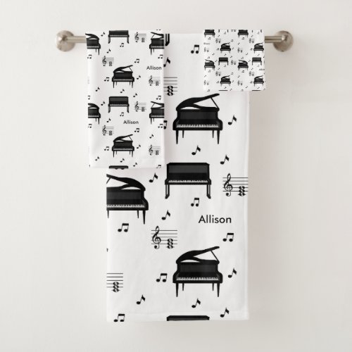 Personalized Grand Piano and Music Notes Pattern Bath Towel Set