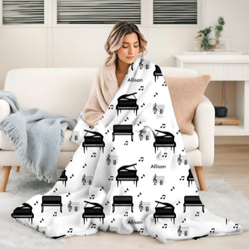 Personalized Grand Piano and Music Notes Pattern Fleece Blanket