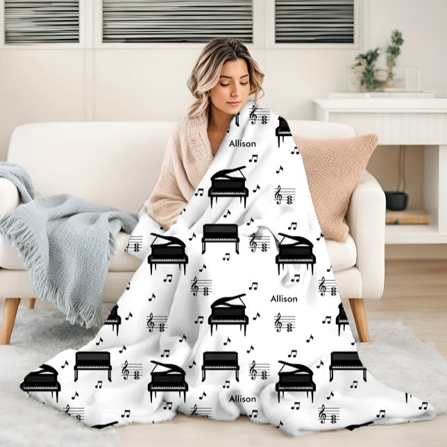 Personalized Grand Piano and Music Notes Pattern Fleece Blanket (Creator Uploaded)