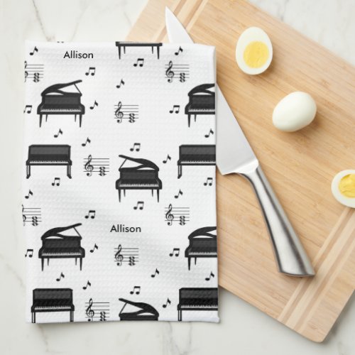Personalized Grand Piano and Music Notes Pattern Kitchen Towel