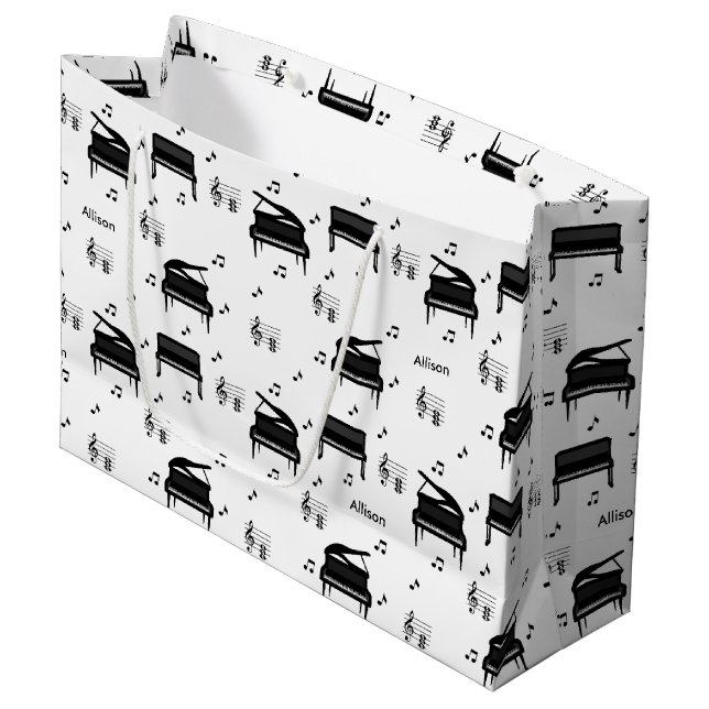 Personalized Grand Piano and Music Notes Pattern Large Gift Bag (Front Angled)