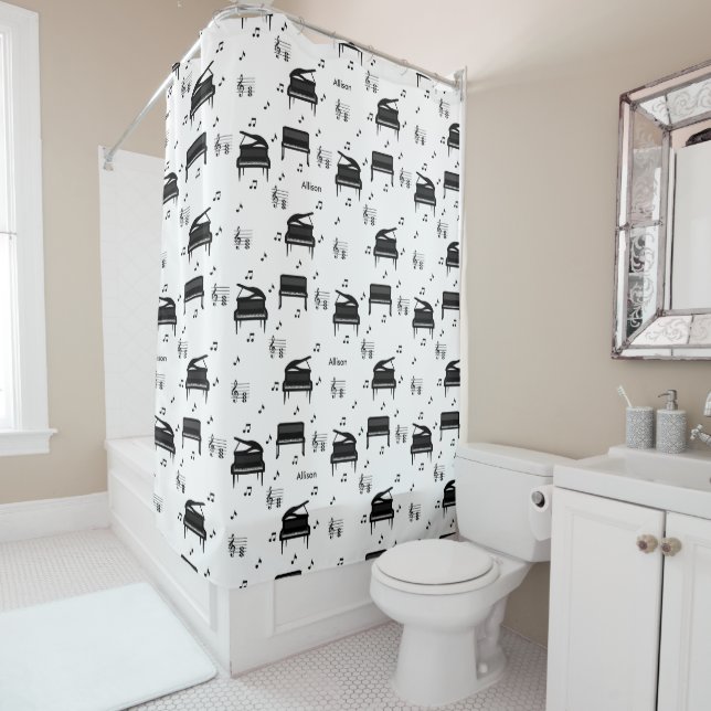 Personalized Grand Piano and Music Notes Pattern Shower Curtain (In Situ)