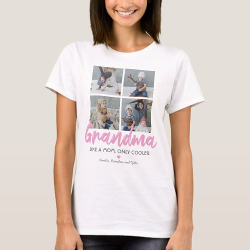 Personalized Grandma 4 Photo T-Shirt - Looking for a unique gift for a special grandma then this personalized nana t-shirt is perfect! Featuring the word "grandma" in a stylish pink script font, a funny grandmother quote, a cute love heart, 4 photos of the granchildren, and their names. Photo tip: Crop your photos into squares before uploading ensuring subject is in the center for best results.