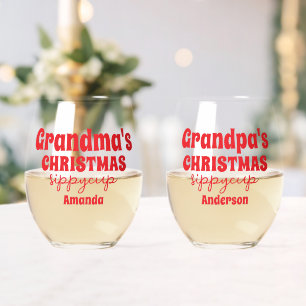 Personalized Grandma and Grandpa Christmas Stemless Wine Glass