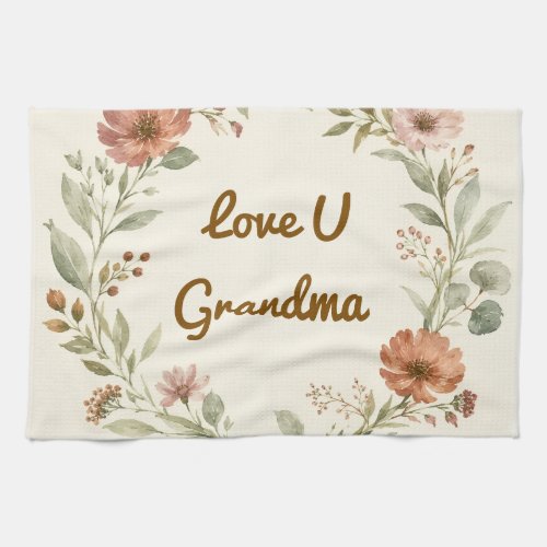 Personalized Grandma Custom Floral Wreath Gift Kitchen Towel