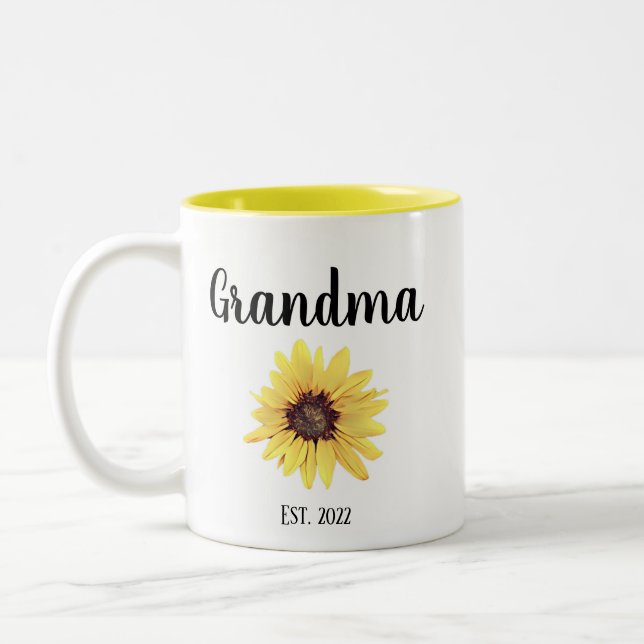 Personalized Grandma Est. Painted Sunflower Two-Tone Coffee Mug (Left)