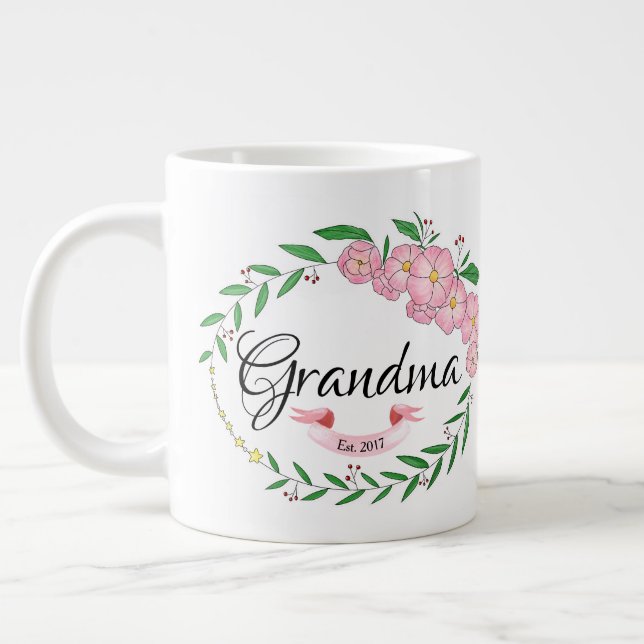 Personalized Grandma Established Flower Wreath Giant Coffee Mug (Left)