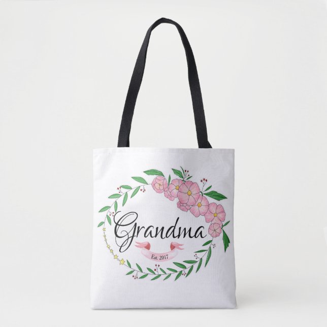 Personalized Grandma Established Flower Wreath Tote Bag (Front)