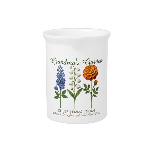 Personalized Grandma Gift Crochet Birth Flowers Beverage Pitcher (Front)