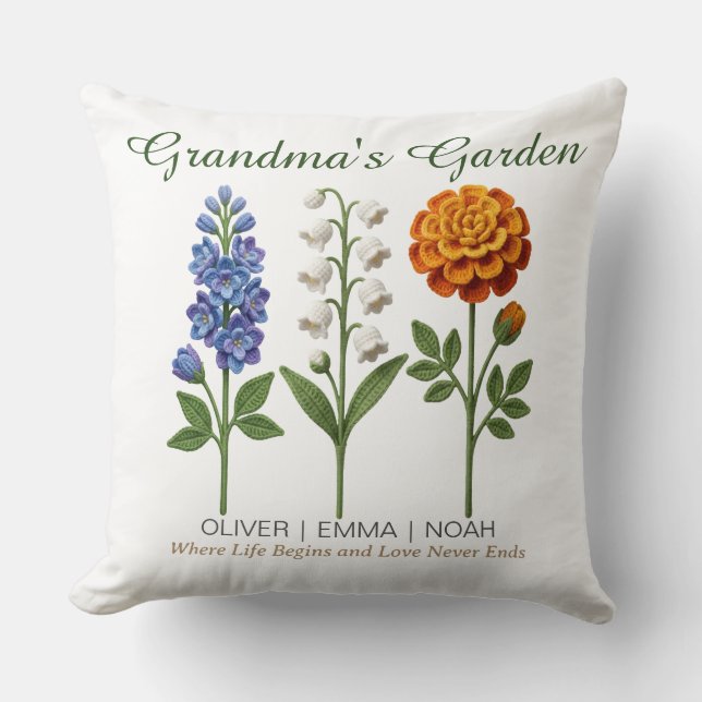 Personalized Grandma Gift Crochet Birth Flowers Throw Pillow (Front)