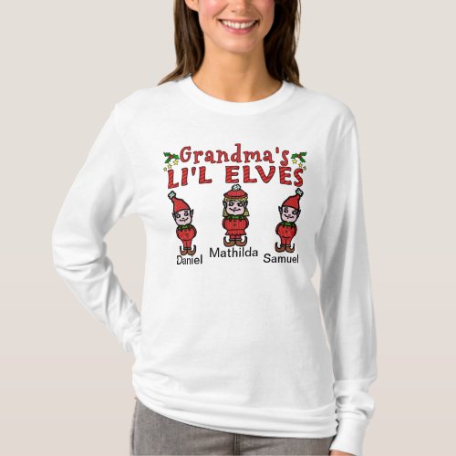 Personalized Grandma Grandkids Elves 2 Boys 1 Girl T_Shirt