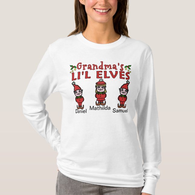 Personalized Grandma Grandkids Elves 2 Boys 1 Girl T-Shirt (Front)