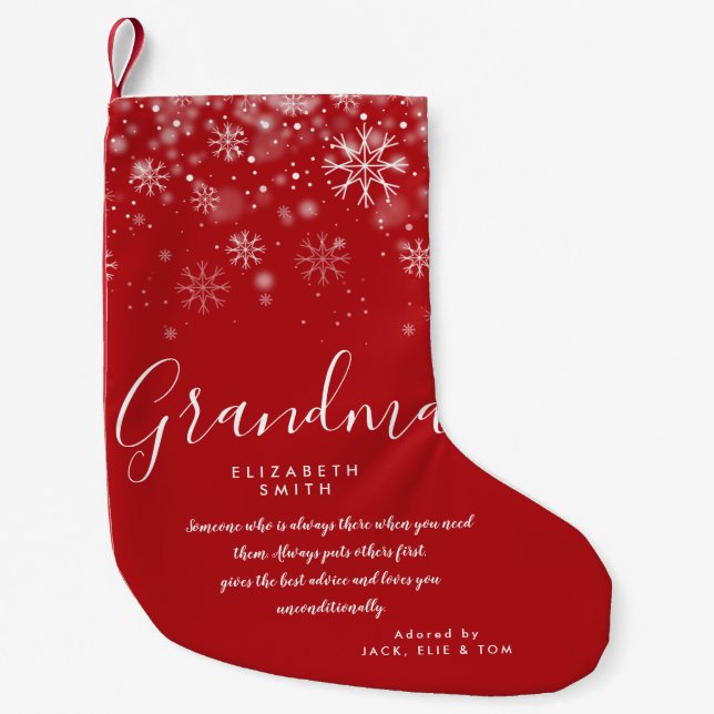 Personalized Grandma Granny Quote Holiday Snow Small Christmas Stocking (Front)
