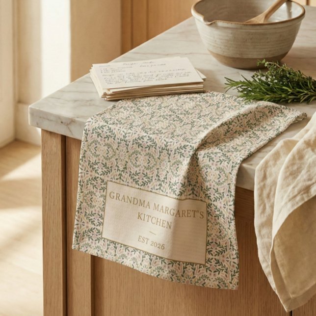 Personalized Grandma Kitchen Gift Botanical Green Towel (Creator Uploaded)