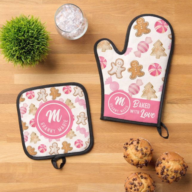 Personalized Grandma Monogram Pink Sugarplums  Oven Mitt & Pot Holder Set (Top Down)