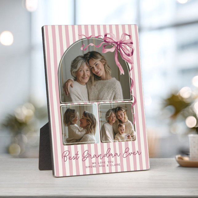 Personalized Grandma Mothers Day Photo Collage Bow Plaque (Pink striped personalized Best Grandma Ever photo plaque with three photos)