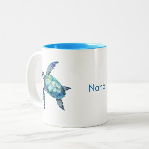 Personalized Grandma Name Turquoise Sea Turtle Two-Tone Coffee Mug