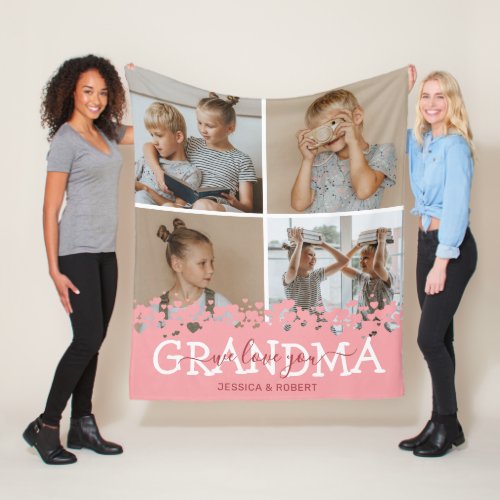 Personalized Grandma Photo Collage Fleece Blanket - Personalized grandmother winter fleecy blanket featuring a 4 photo collage of the grandkids, a cute pink heart design, the saying "we love you grandma", and the childrens names.