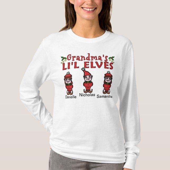 Personalized Grandma’s Li'l Elves 2 Girls 1 Boy T-Shirt (Front)