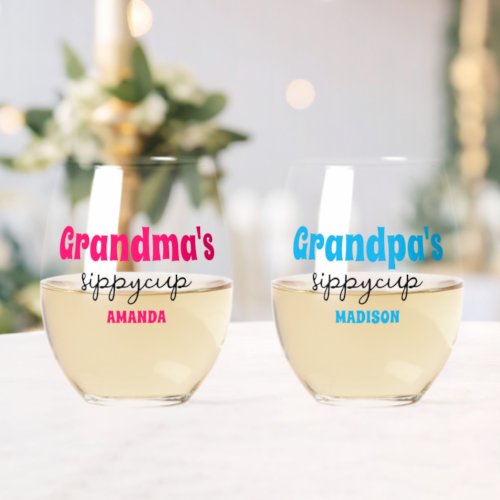 Personalized Grandmas and Grandpas Sippy Cup Stemless Wine Glass