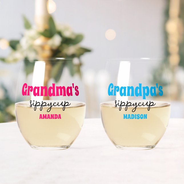Personalized Grandma's and Grandpa's Sippy Cup Stemless Wine Glass (Insitu (Wedding))