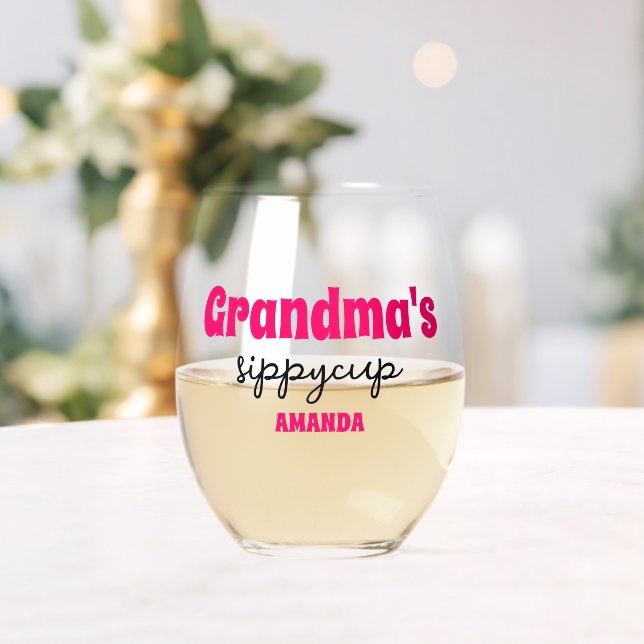 Personalized Grandma's Sippy Cup Stemless Wine Glass (Insitu (Wedding))