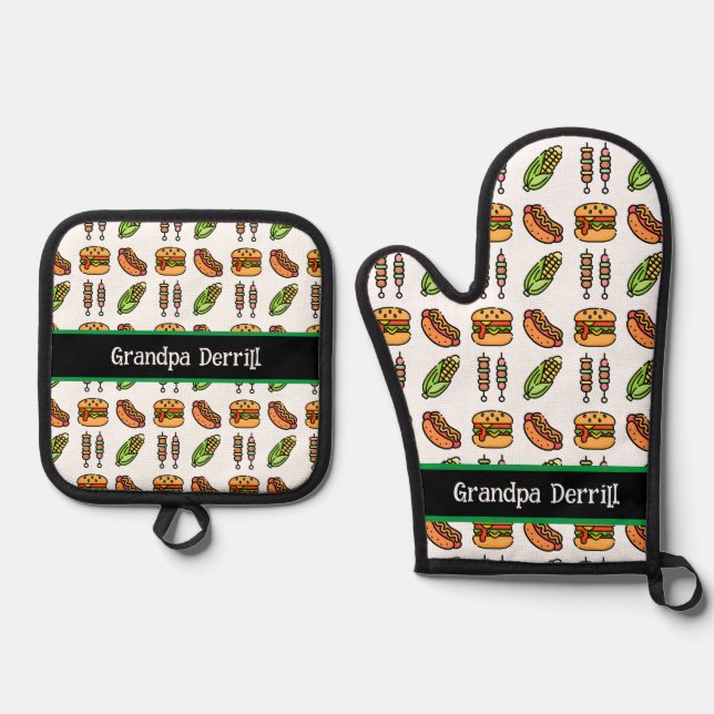 Personalized Grandpa Cute Barbecue Foods Oven Mitt & Pot Holder Set (Front)